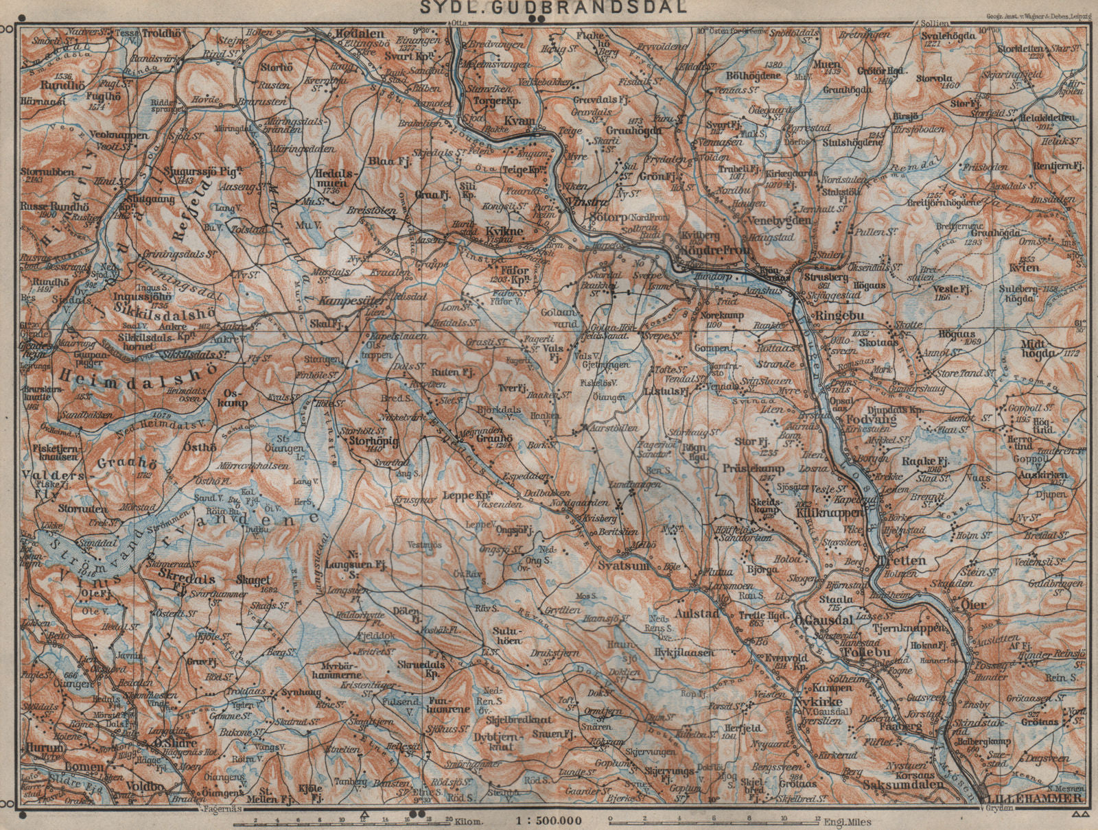 SOUTH GUDBRANDSDAL. Sydl. Lillehammer Favang. Topo-map. Norway kart 1912